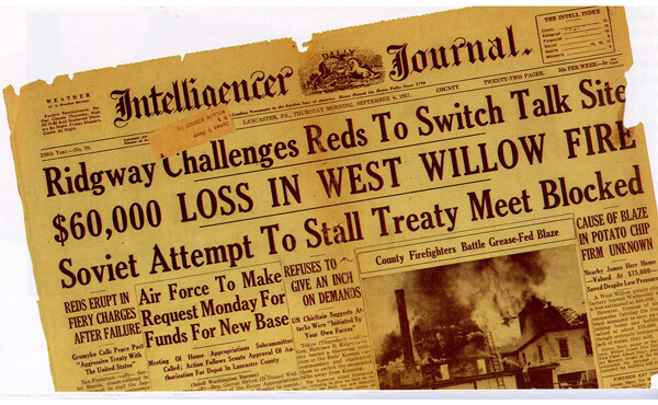 Newspaper clip of the article on the Herr's factory fire in 1951